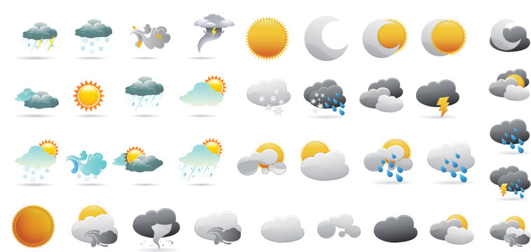 A comprehensive collection of diverse weather condition icons and symbols for forecasts and daily use, depicting sun, moon, clouds, rain, snow, and storms.
