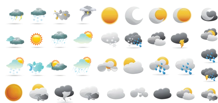 A comprehensive collection of diverse weather condition icons and symbols for forecasts and daily use, depicting sun, moon, clouds, rain, snow, and storms.