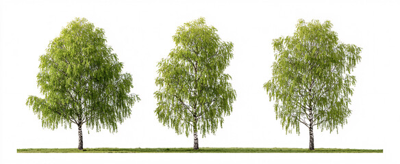 Obraz premium Vibrant set of 3 springtime Betula pendula silver birch trees on a crisp white background