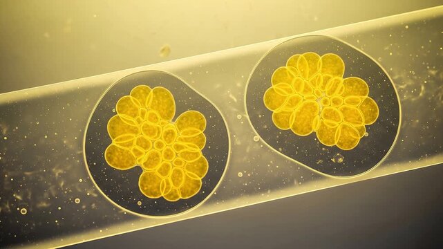 Microscopic view of golden cellular clusters moving through channel