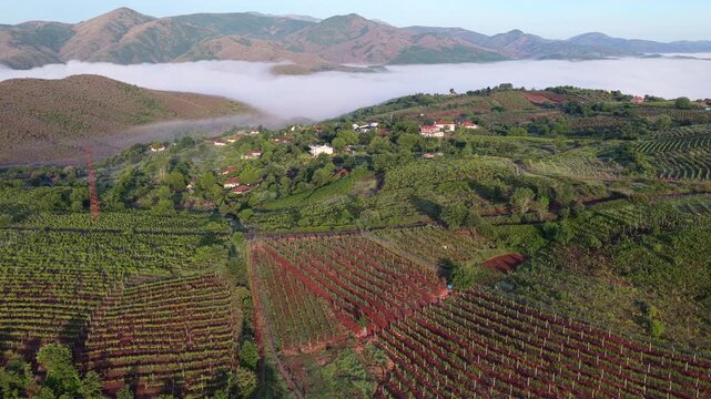Aerial video showcasing terraced agricultural fields, countryside forests, and village homes above a misty valley in Northern Albania's Mirdita Region.