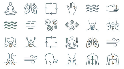 Obraz premium Breathing and Relaxation Icons: A collection of simple line art icons representing breath control, lung capacity, meditation, and relaxation techniques, promoting wellness and mindful living.