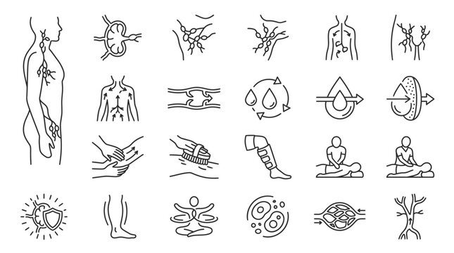 Medical Health Icons Set: A comprehensive collection of line art icons illustrating various aspects of human anatomy, bodily systems, and wellness treatments.