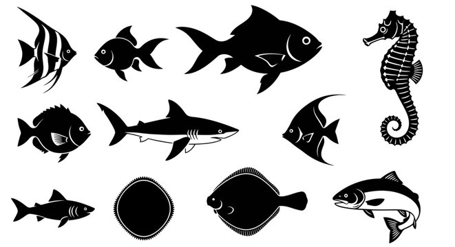 Striking collection of diverse black and white aquatic creature silhouettes, ideal for marine life designs, educational content, and conceptualizing underwater biodiversity