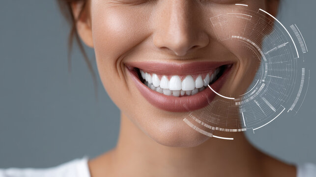 Dental Health Innovation Concept , AI driven dental chart analyzing patient smile real time with healthy white teeth and lips