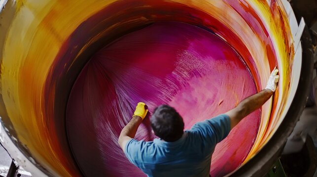 Worker monitoring a dyeing machine in a factory checking the fabric as it moves through a large drum filled with color showcasing the careful attention needed in textile dyeing operations