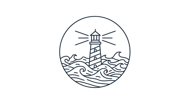 a line drawing of a lighthouse on waves.