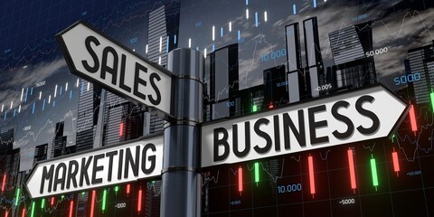 Fototapeta premium Sales, Marketing, Business - Signpost with Three Arrows - 3D illustration