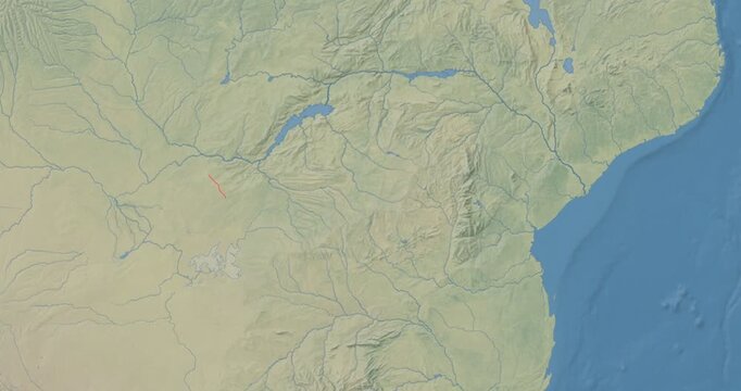 Zimbabwe on Globe. Zoom into the country with Earth spinning on dark background. Physical world map with Zimbabwe and label on it. Country view animation.