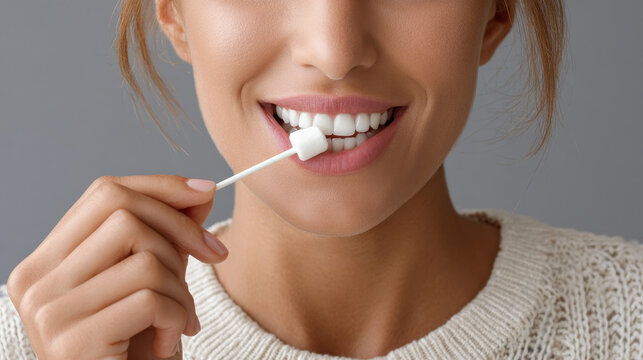 Dental Health Innovation Concept , Close up of smiling woman with white teeth holding dental swab for oral care and hygiene