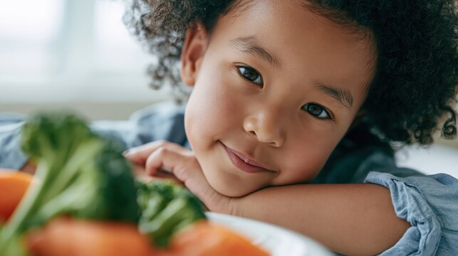 Young child with curly hair smiles while resting chin on hand near fresh vegetables