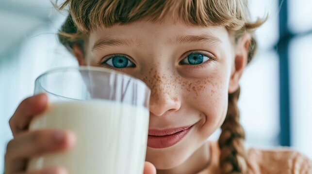 Close-up of a happy young girl with blue eyes and freckles holding a glass of milk