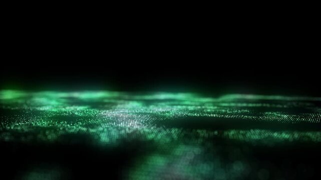 Green wave of particles and lines. Big data visualization. Abstract background with a dynamic wave. 3d rendering.