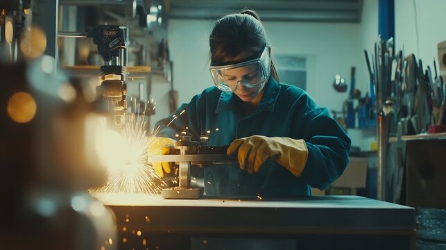 Worker wearing safety gloves and goggles operating a small bench grinder to sharpen tools surrounded by a well organized tool station capturing the hands on nature of small scale grinding tasks