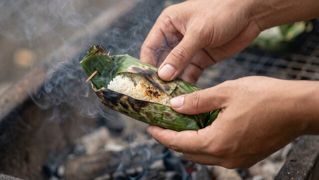 Wrapping Food In Banana Leaves For Grilling