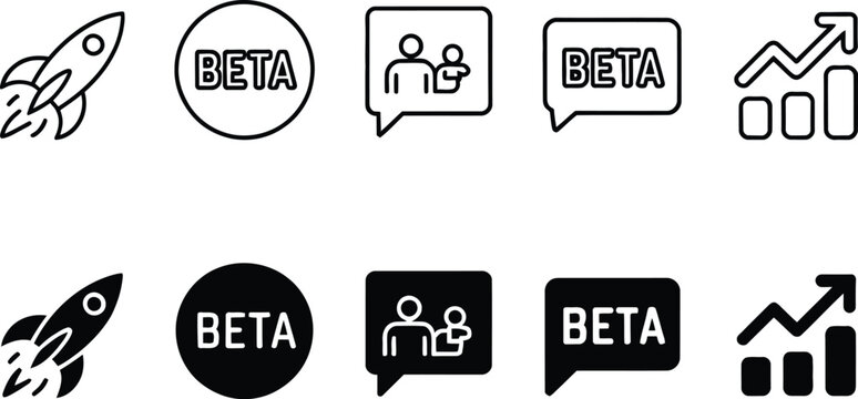 Collection of startup and development icons featuring rocket, beta, team, and growth