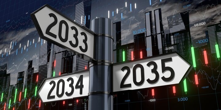 2033, 2034, 2035 - Signpost with Three Arrows - 3D illustration
