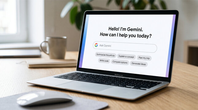 Google Gemini AI Assistant Interface Displayed on Laptop Screen on Wooden Desk in Bright Modern Office Workspace, Tech Productivity and Artificial Intelligence Concept Mockup