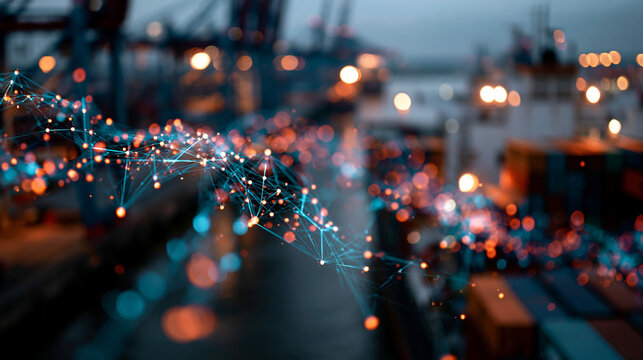 Future cybersecure smart container port with AI-powered risk mitigation and digital automation networks overlaid on a marine cargo vessel, representing big data protection and intelligent
