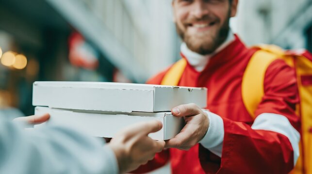 Smiling delivery person hands over stack of pizza boxes to customer outdoors