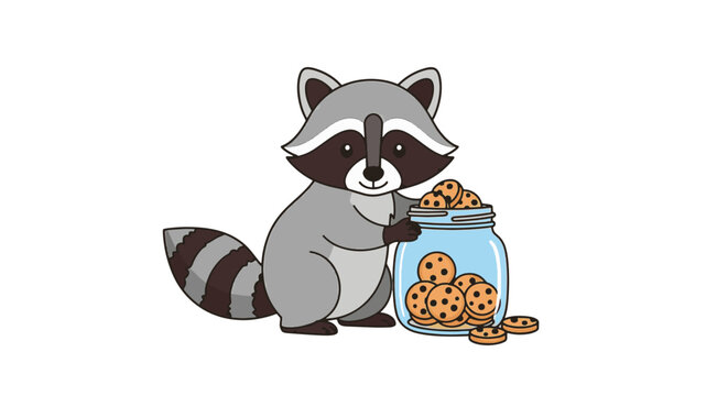 Adorable baby raccoon illustration sneaking away with a large chocolate chip cookie. Detailed vector graphic of a mischievous procyonid scavenger holding a sweet treat biscuit.