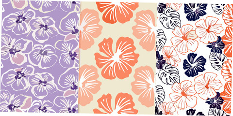 Floral hibiscus patterns three variations in different color schemes © Sabuj