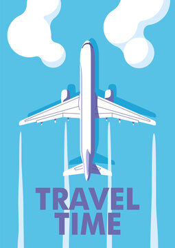Airplane flying in the sky with clouds on a bright blue background. Travel and vacation banner. Vector illustration in a minimalistic style.