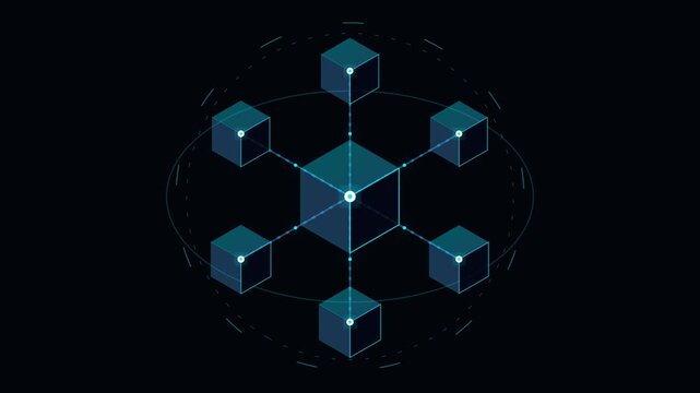 Highly geometric cyber blockchain node network pulsing with glowing azure and cyan data flows.