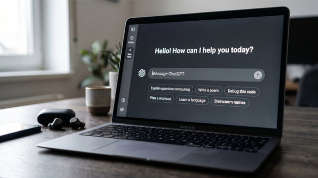MacBook Air on Wooden Desk Displaying ChatGPT AI Interface in Home Office Setting, Representing Generative Artificial Intelligence, Smart Technology, and Productivity tools for Remote Work