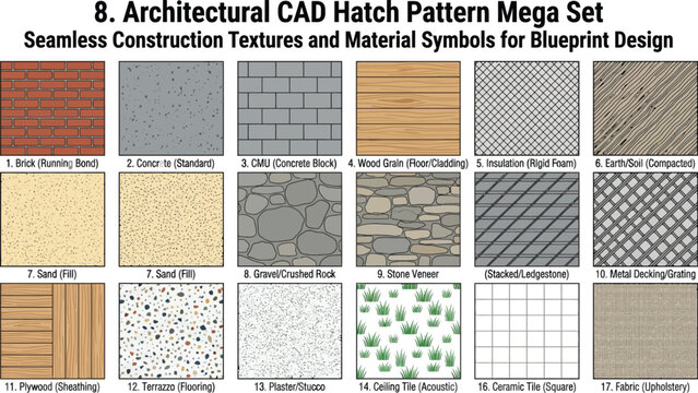Architectural cad hatch pattern mega set for seamless construction material