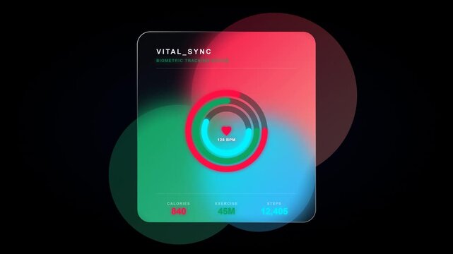 Elegant glassmorphism fitness tracker dashboard featuring glowing biometric activity rings, frosted glass overlays.