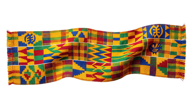 Kente cloth fabric with traditional patterns and symbols isolated on transparent background