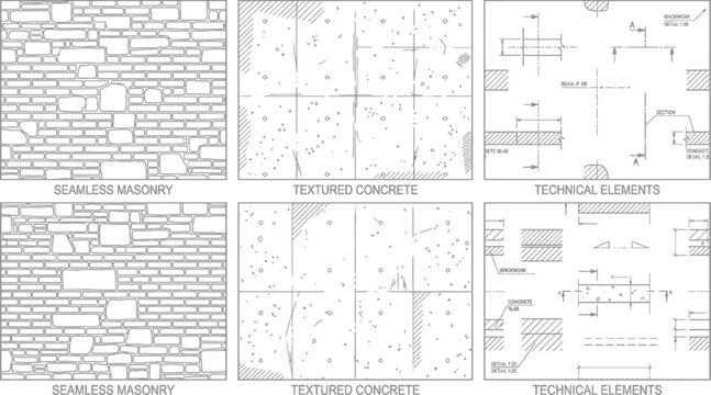 Architectural hatching patterns for construction documents and floor plans