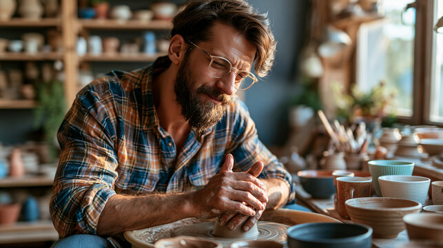 Man in pottery studio shaping clay with focused calm, sunlight on hands, photorealistic artisan craft, creating real meaning through creativity