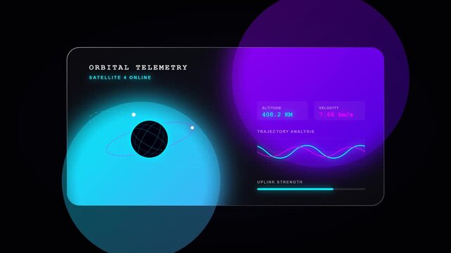 Elegant glassmorphism orbital tracker dashboard featuring a glowing wireframe planet, animated satellite telemetry graphs, frosted glass overlays.