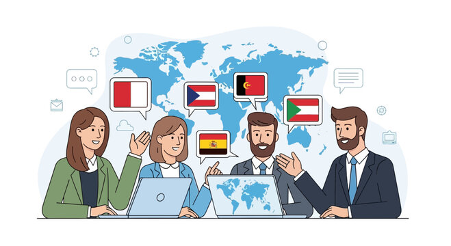 Multilingual Business Meeting: Global Communication and Teamwork Concept
