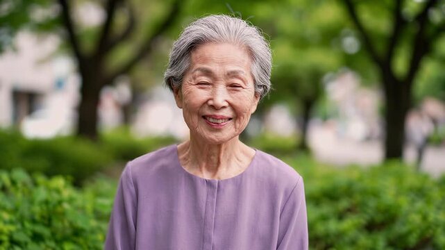 Portrait of a happy smiling 70 years senior Asian woman looking at camera, Japanese elderly lady, Happy retirement time, Cute granny face outdoors.
