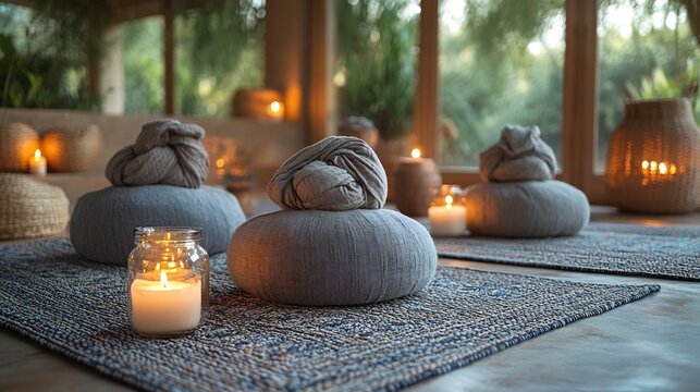 Yoga retreat setting with light cotton turbans meditation mats candles and herbal tea promoting mindfulness and relaxation