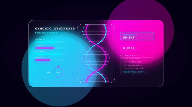 Elegant glassmorphism genomic sequencing dashboard featuring a 3D animated DNA double helix, genetic base pair graphs, frosted glass overlays.