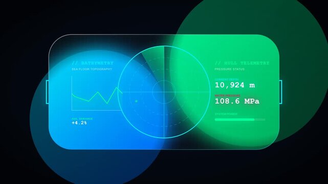 Elegant glassmorphism deep sea sonar dashboard featuring a sweeping acoustic radar, scrolling bathymetry graphs, glowing telemetry panels.