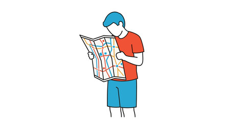 Man Holding Map Looking for Direction, Navigation Concept, Travel Planning, White Background © fiyan
