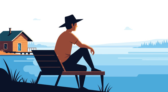 Man in hat on bench overlooking lake and cabin, peaceful nature scene