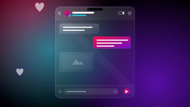 Elegant glassmorphism social chat interface in an amethyst midnight theme, featuring animated neon chat bubbles, glowing typing indicators, floating hearts.