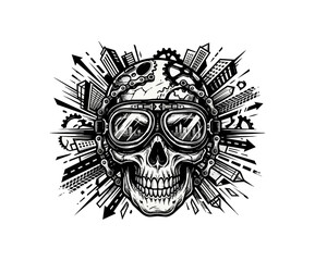 Fototapeta premium Skull illustration with cityscape and goggles design