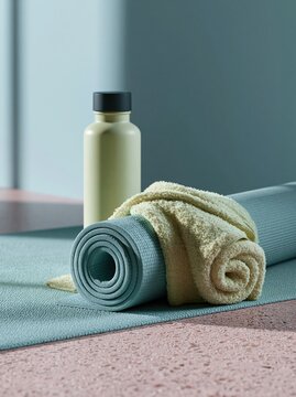 Yoga mat and water bottle ready for a mindful fitness session