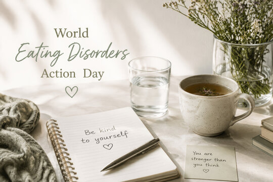 World Eating Disorders Action Day awareness concept with an encouraging note inside a notebook. Self care message about mental health recovery and body positivity. Inspirational background.