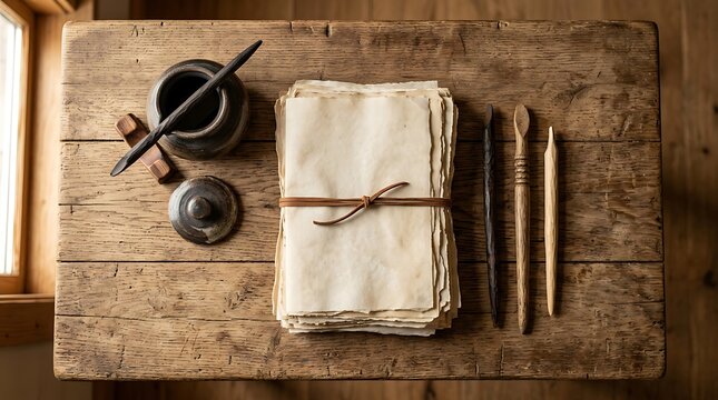 Antique Parchment with Inkwell and Wooden Styluses on Rustic Table