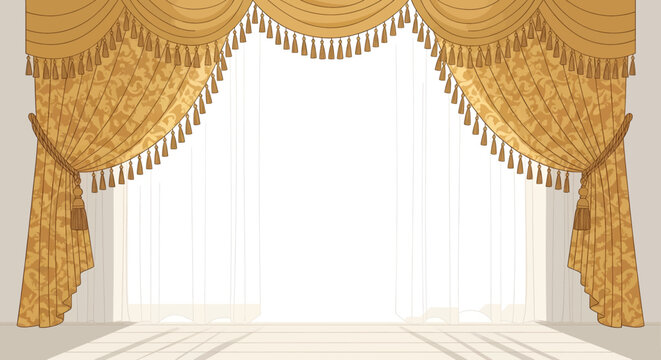 Luxurious golden stage curtain with elegant drapes, tassels, and intricate patterns, set against a bright background.