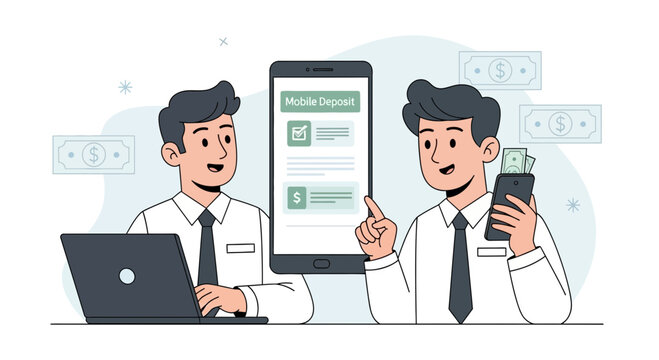 Two men doing mobile deposit, one with laptop and other with phone
