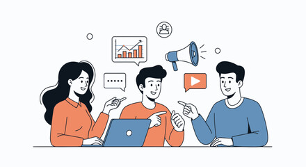Fototapeta premium Teamwork strategy meeting with charts and megaphone icons for business growth